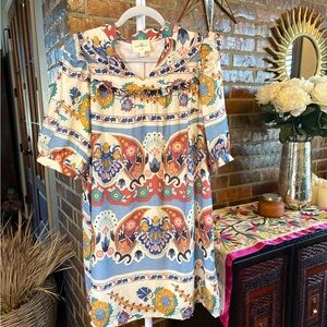 Umgee Multicolor Boho Floral Shift Dress in Blue, Cream & Terracotta